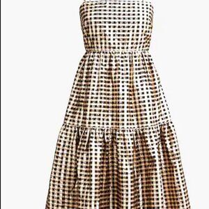 J Crew Lurex Black Gold tired gingham adjustable straps stretch back dress sz 8